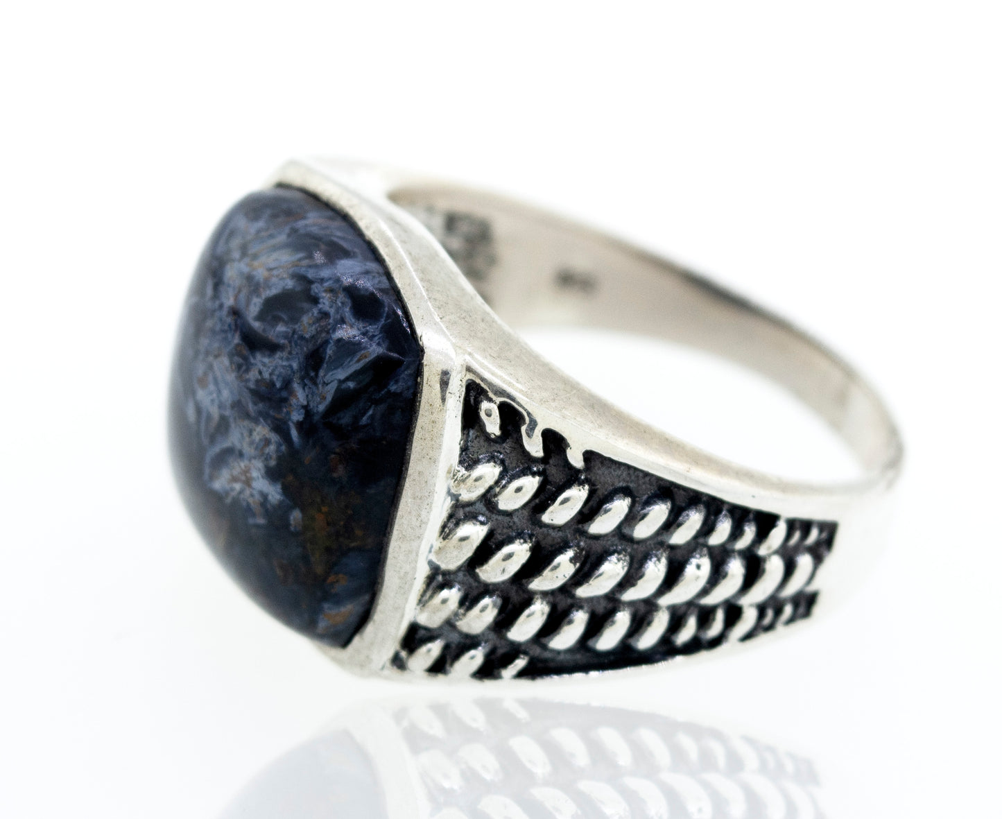 
                  
                    A Pietersite signet ring with a rope design.
                  
                