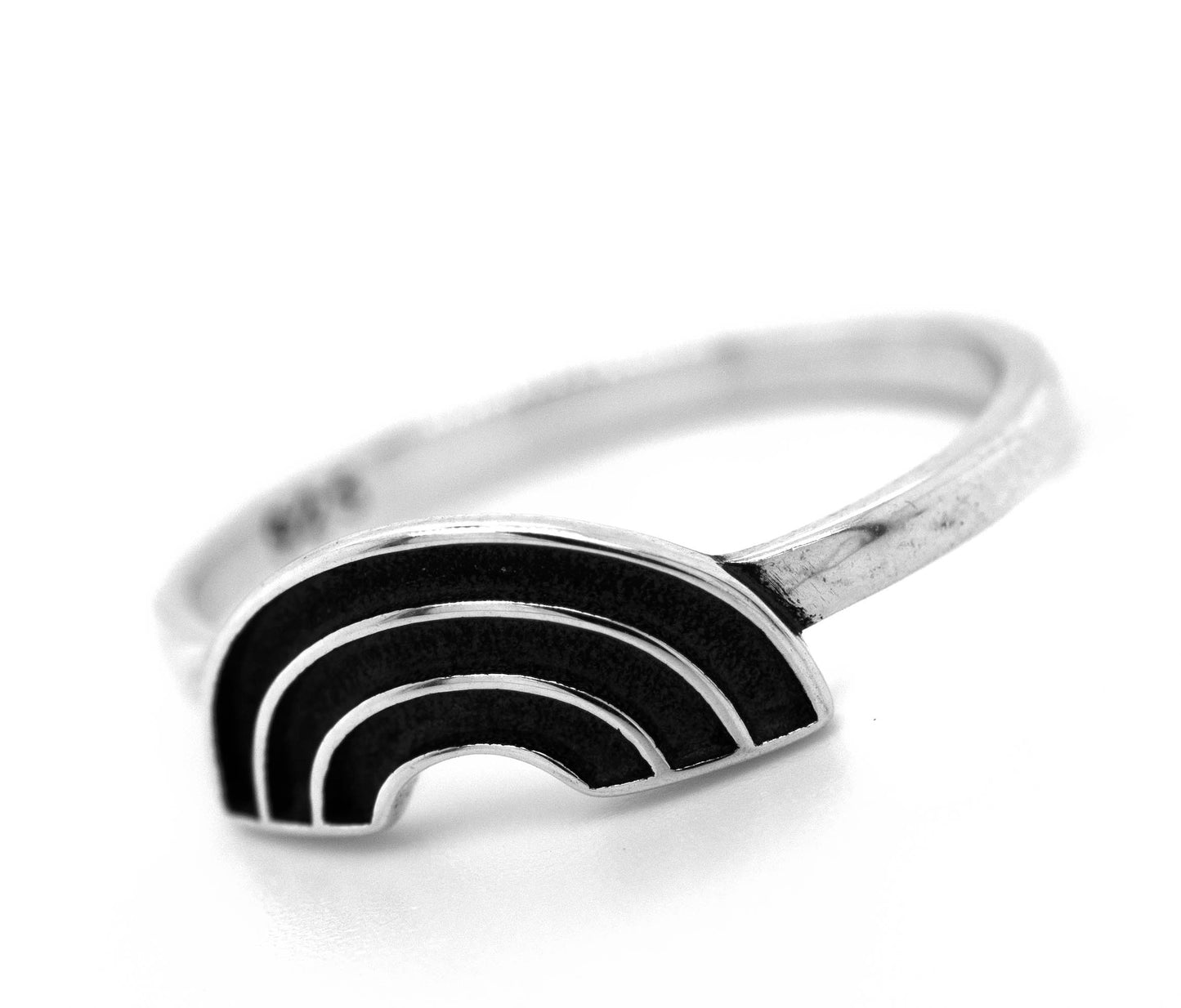 A Super Silver Rainbow Ring showcasing the vibrancy of diversity with a rainbow in the middle.
