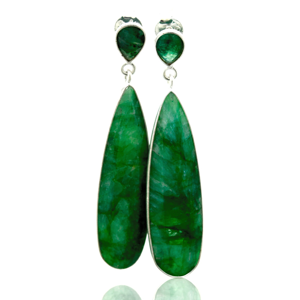 
                  
                    A pair of Vibrant Teardrop Shape Emerald Earrings by Super Silver on a white background. These exquisite earrings are made of .925 Silver and feature stunning emerald accents.
                  
                