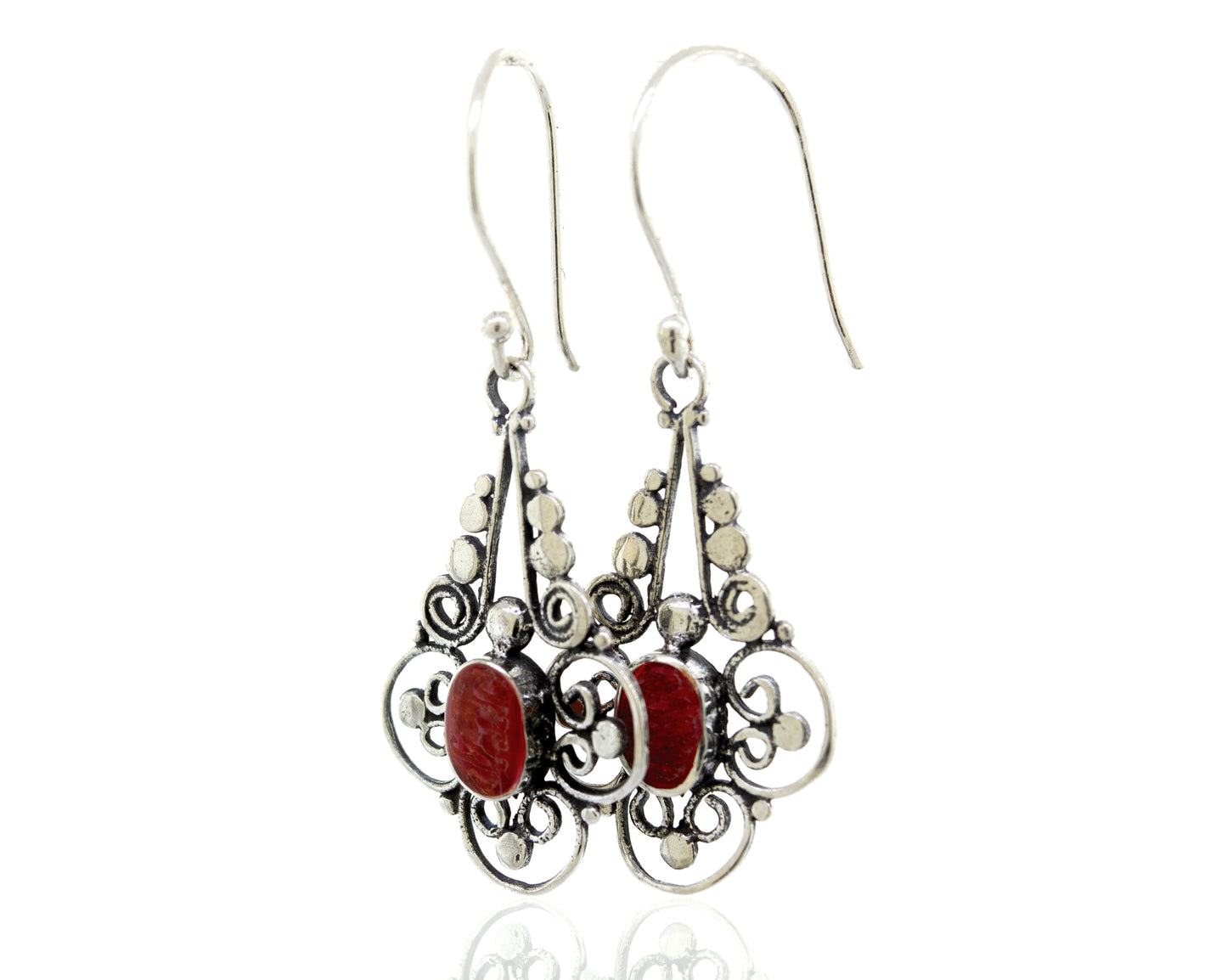 A pair of Oval Coral Dangle Earrings with a Flower design from the brand Super Silver.