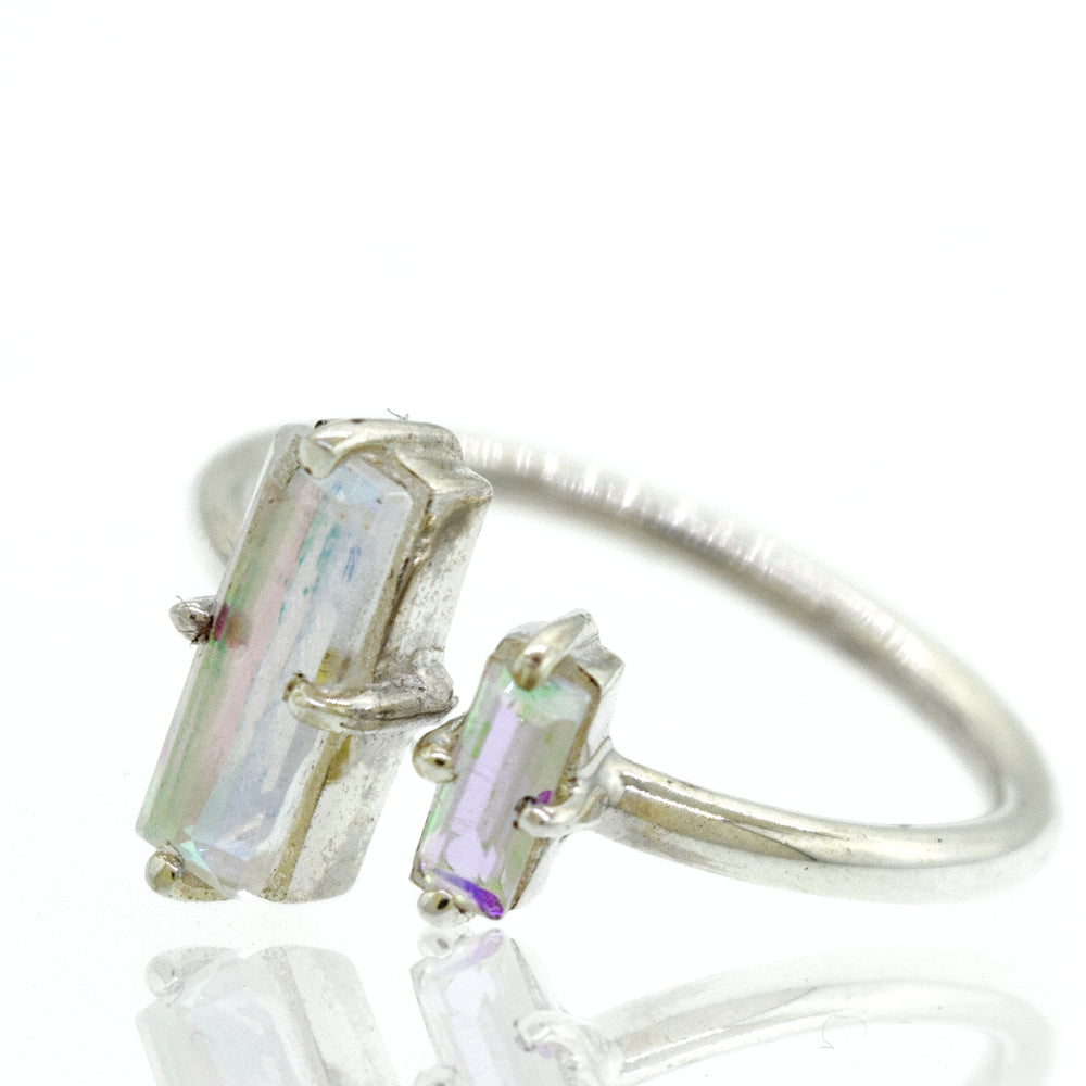 The Super Silver online store offers an Online Only Exclusive Adjustable Crystal Aurora Ring with two rectangular shape aurora crystals.