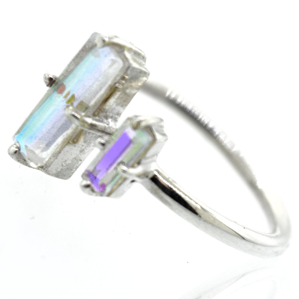 A Super Silver Online Only Exclusive Adjustable Crystal Aurora Ring, adorned with rectangular-shaped aurora crystals, available at our online store.