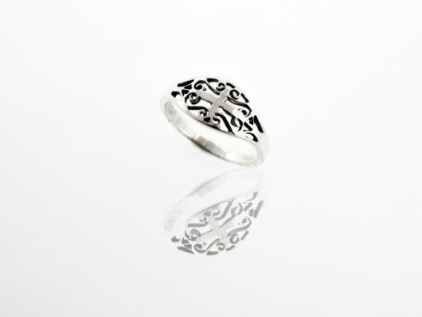A Super Silver Elegant Cross Ring with Swirls with an ornate design of swirls.
