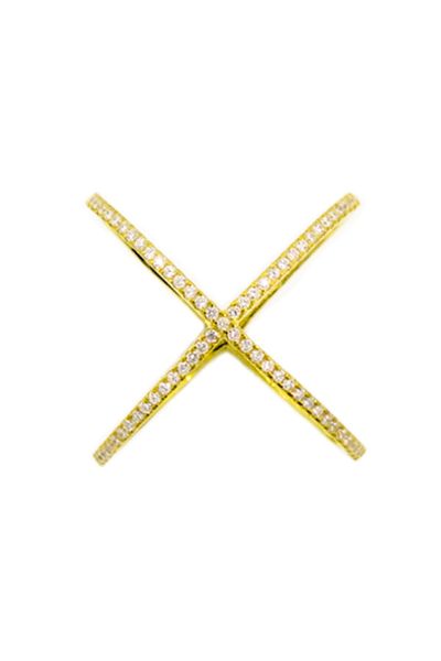 An elegant CZ Pavé X Shaped Ring with Gold Overlay, crafted in yellow gold.
