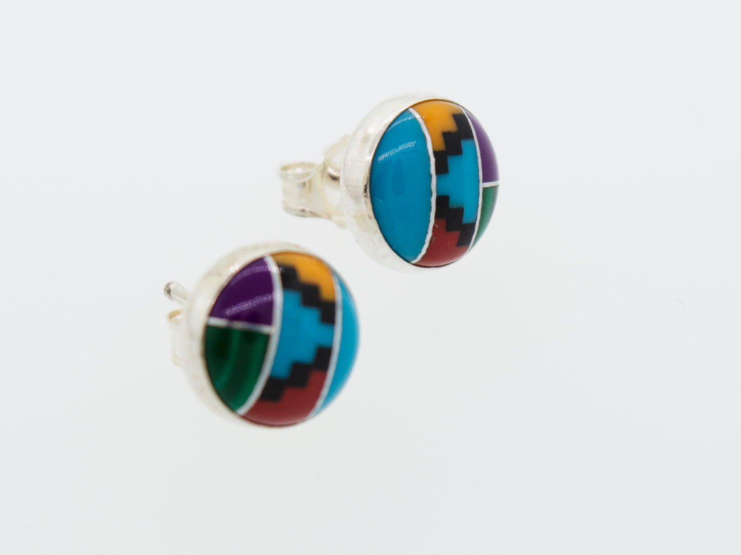 A pair of vibrant Super Silver Multi-Stone Round Stud Earrings on a white background featuring an American made, sterling silver frame.
