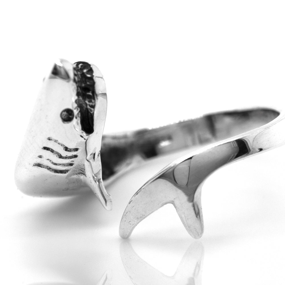 A Super Silver Adjustable Shark Ring, perfect for ocean lovers.