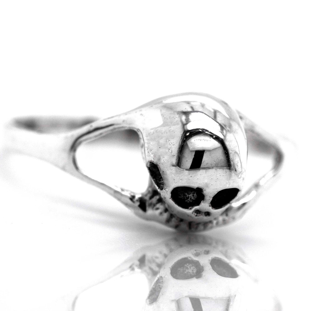 
                  
                    A dainty skull ring on a white surface.
                  
                