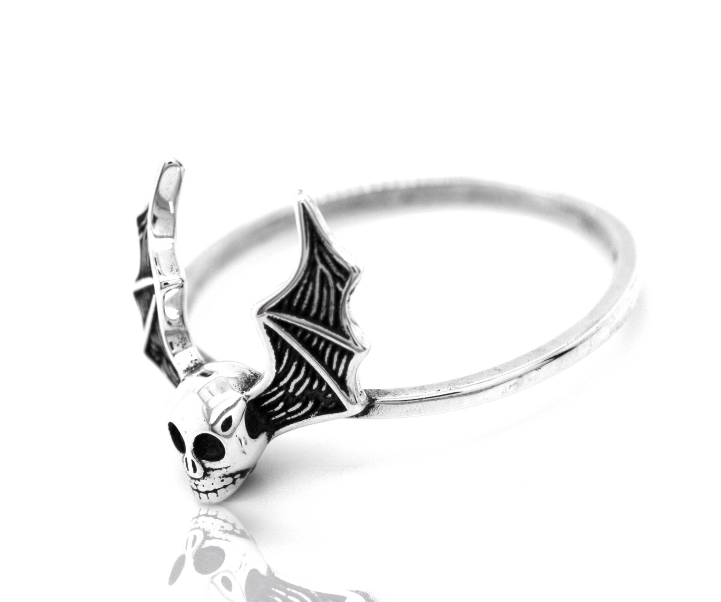 A gothic silver Skull Bat Ring featuring a bat.