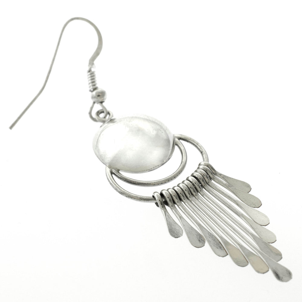 Authentic Super Silver Native American Navajo chandelier earrings crafted with sterling silver and adorned with a mother of pearl dangle.