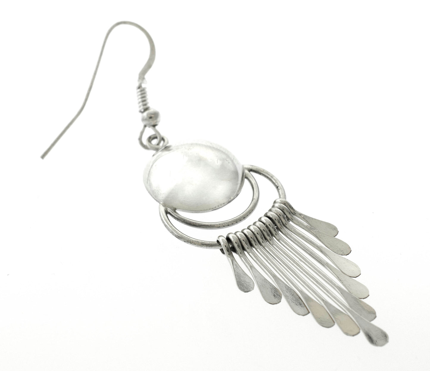 Authentic Super Silver Native American Navajo chandelier earrings crafted with sterling silver and adorned with a mother of pearl dangle.