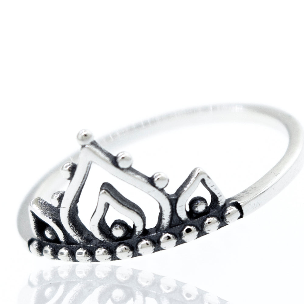 
                  
                    A Delicate Half Mandala Ring with a tiara and boho mandala design on it.
                  
                