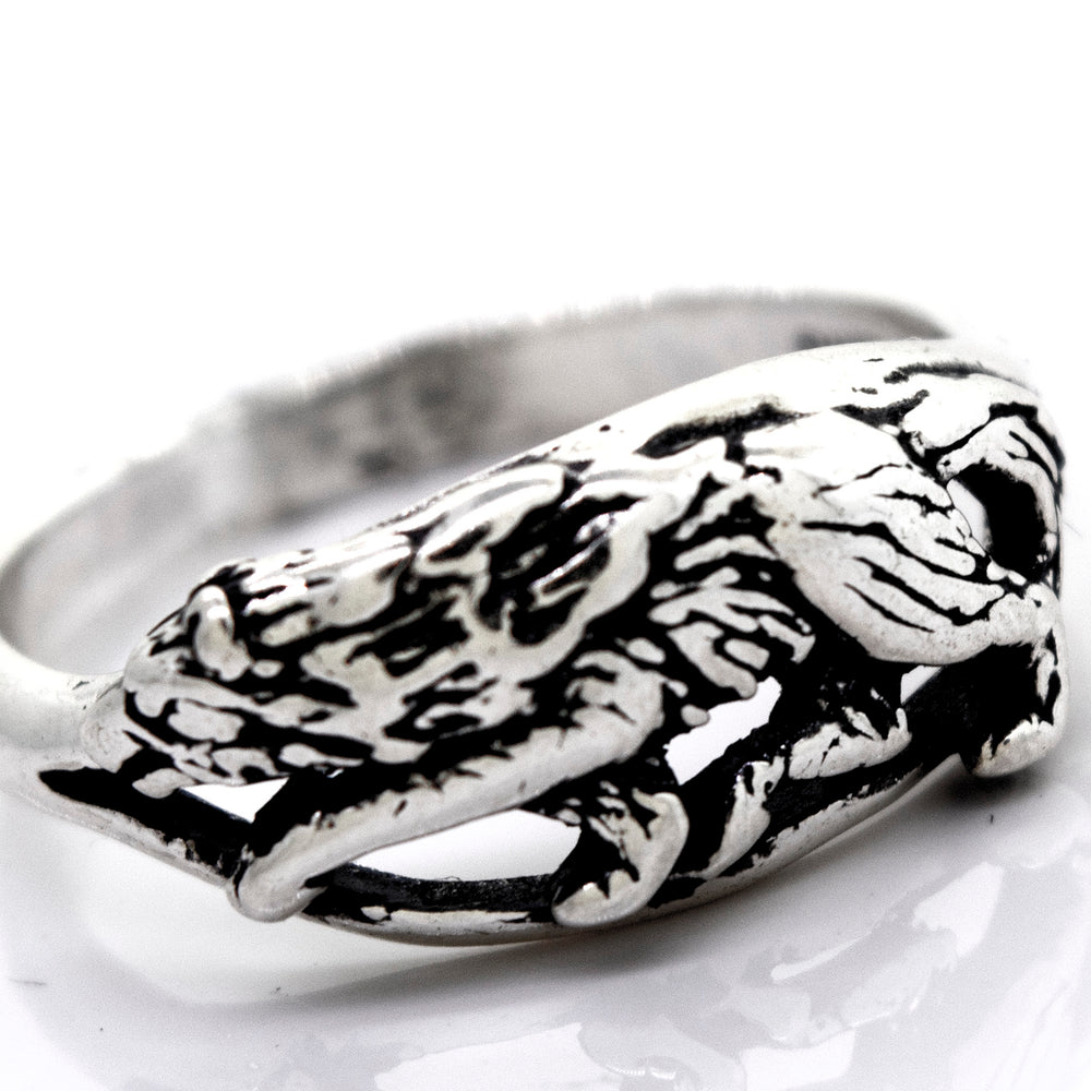 
                  
                    An American Made Prowling Wolf Ring from Super Silver, with an oxidized sterling silver design.
                  
                