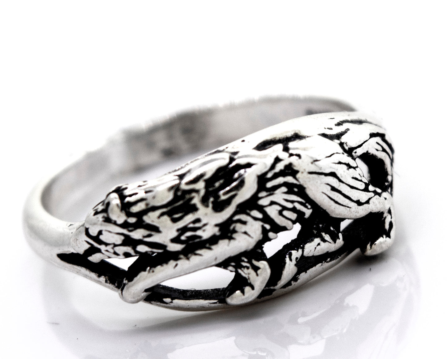 
                  
                    An American Made Prowling Wolf Ring from Super Silver, with an oxidized sterling silver design.
                  
                