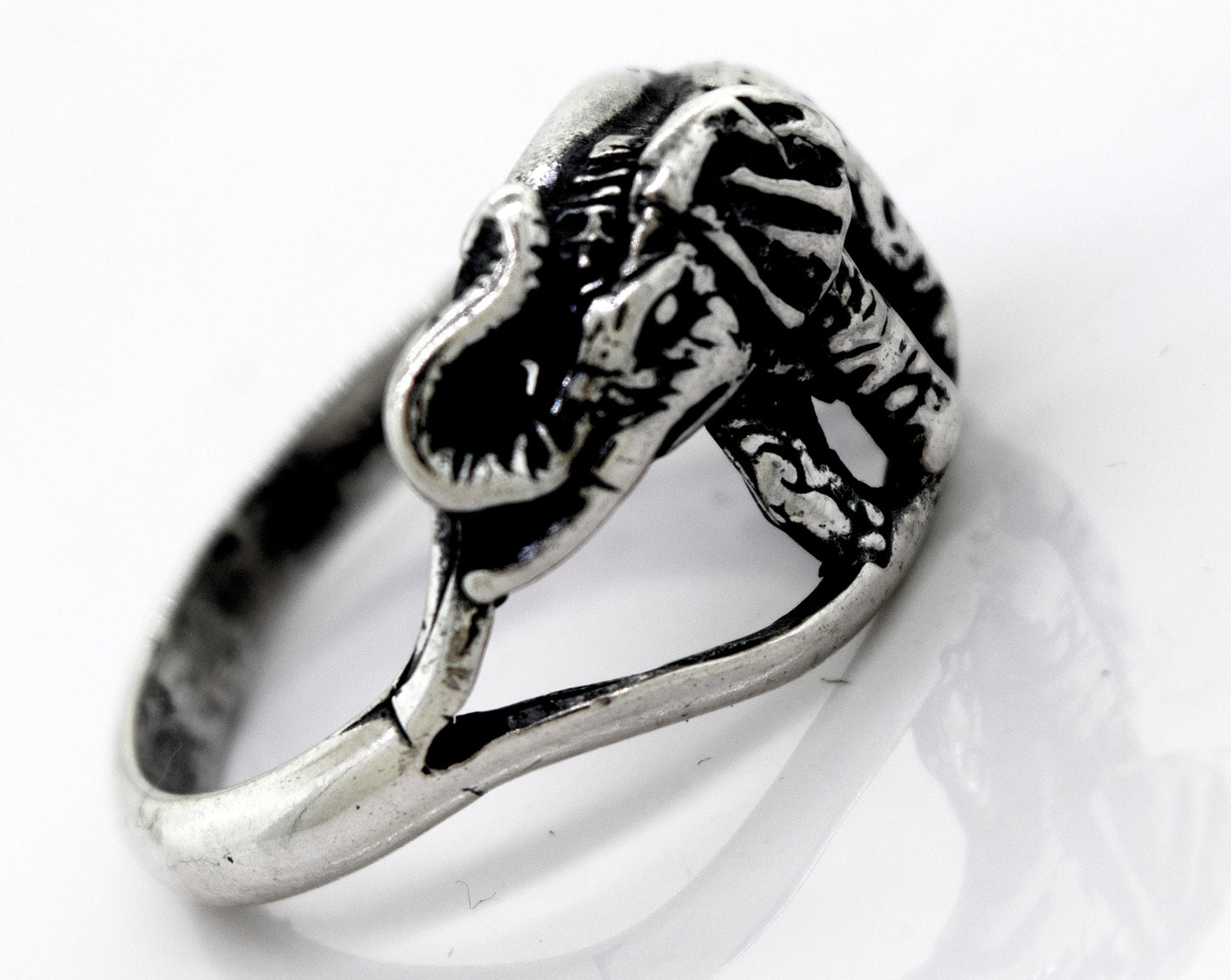 
                  
                    A handcrafted Super Silver American Made Elephant Ring with an elephant design.
                  
                