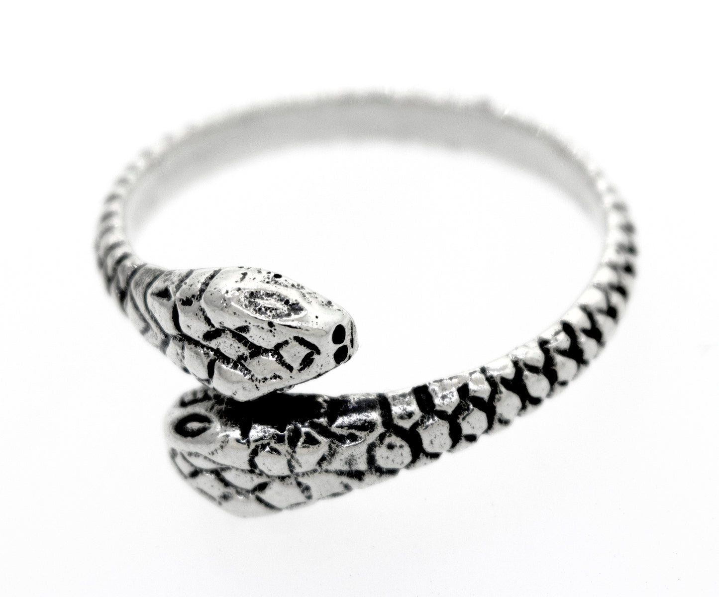 
                  
                    An adjustable Super Silver Sterling Silver Two Headed Snake Ring on a white background.
                  
                