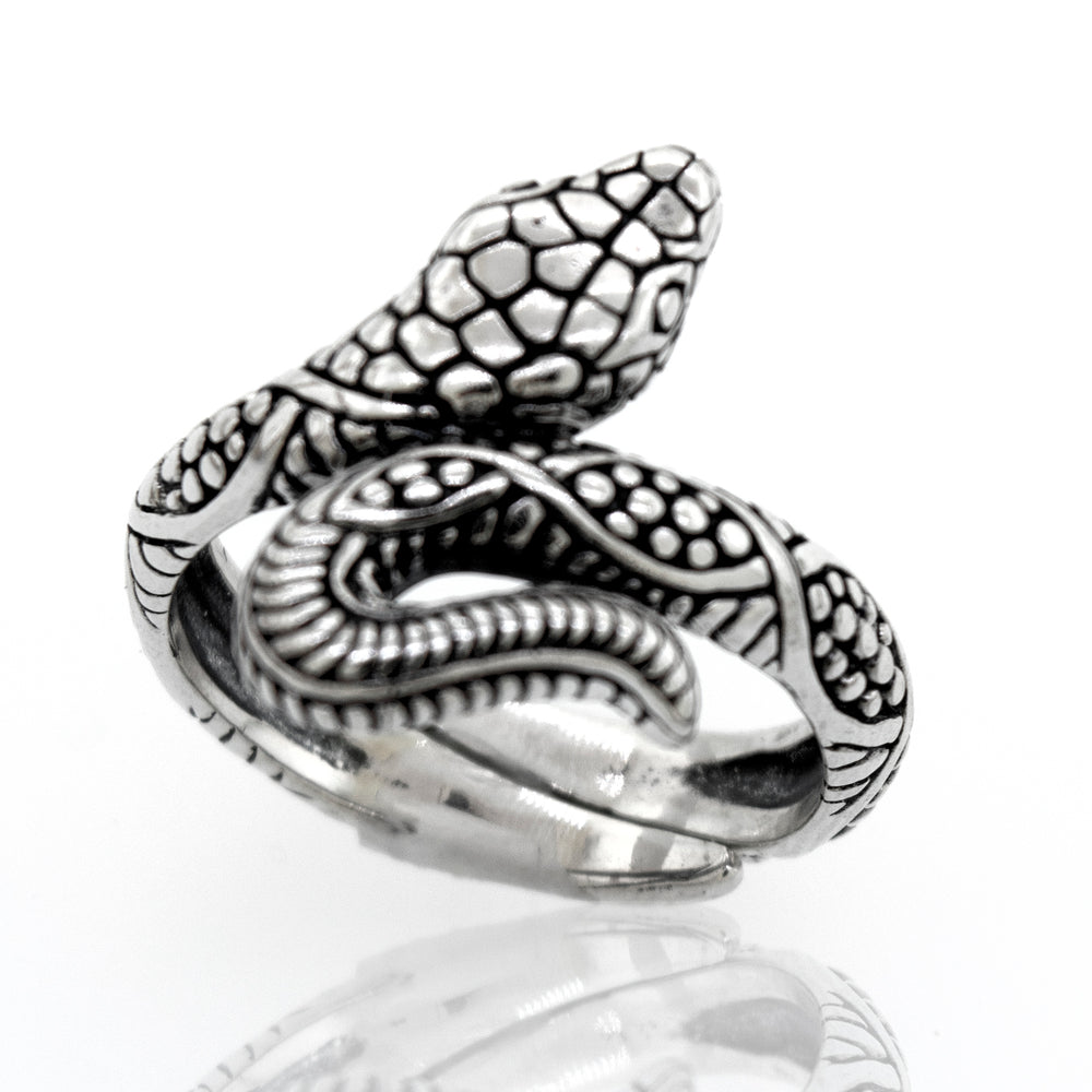 A handcrafted Super Silver Online Only Exclusive Designer Snake Ring on an adjustable size band, showcased against a white background.