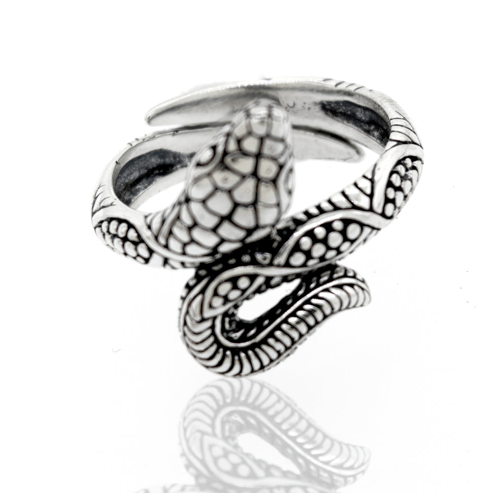 A handcrafted Super Silver Online Only Exclusive Designer Snake Ring with an adjustable size band on a white background.