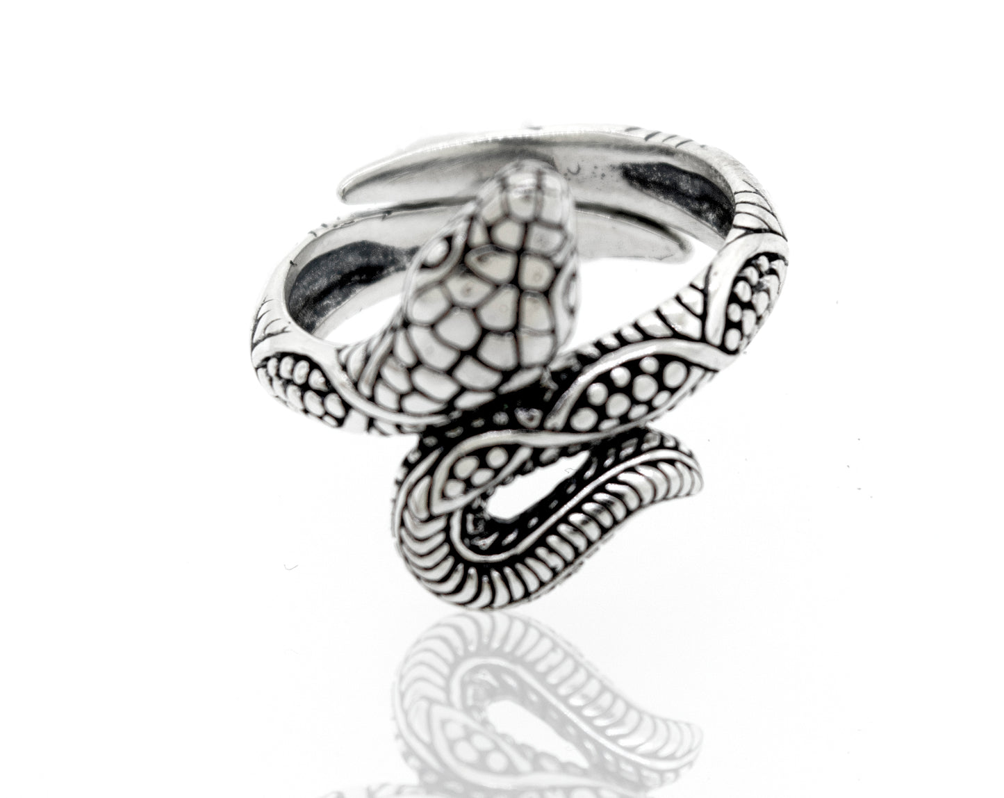 A handcrafted Super Silver Online Only Exclusive Designer Snake Ring with an adjustable size band on a white background.