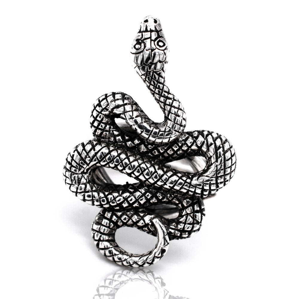 
                  
                    An adjustable Bold Designer Snake Ring featuring a silver snake design, showcased against a pristine white background.
                  
                