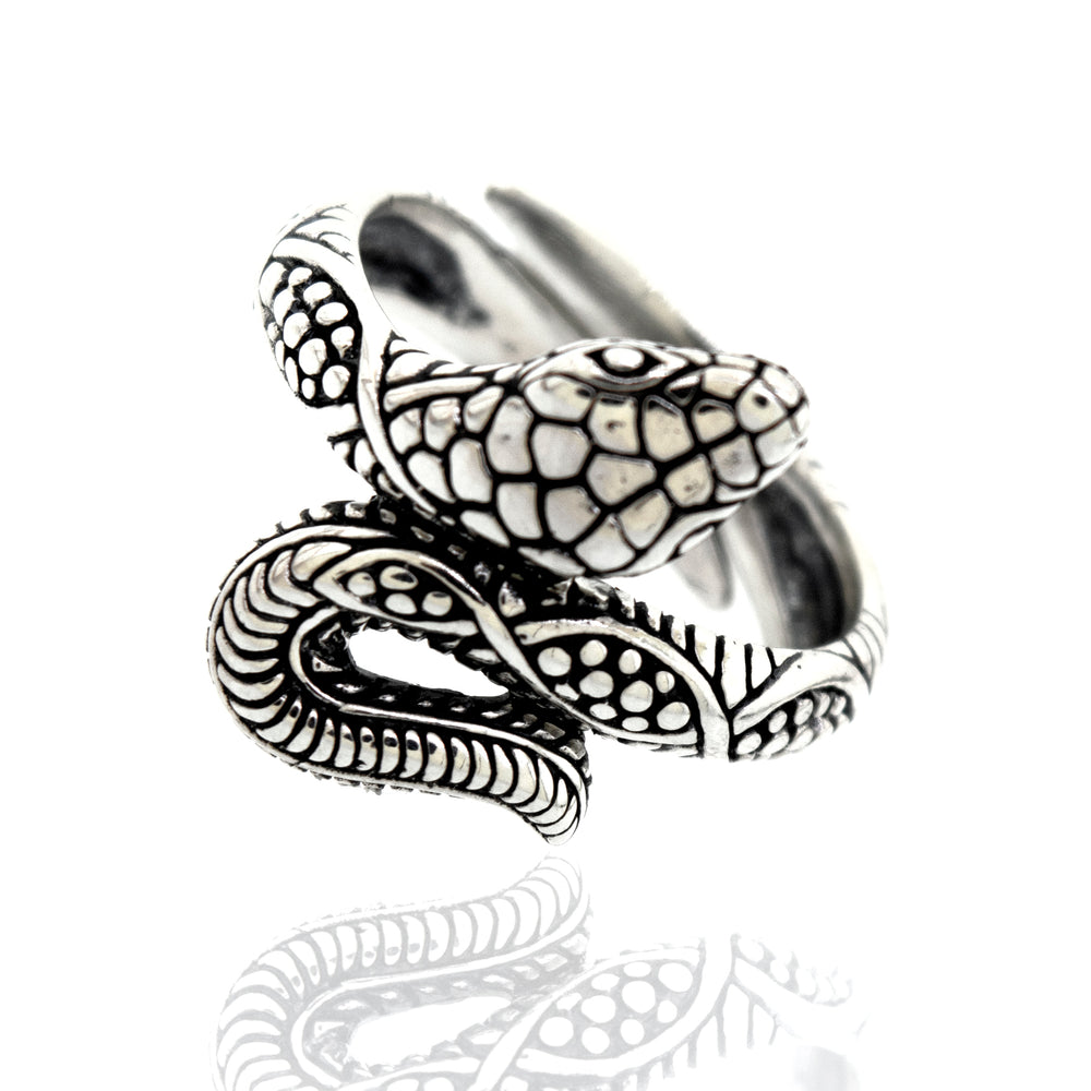 
                  
                    A handcrafted Super Silver Online Only Exclusive Designer Snake Ring with an adjustable size band, showcased on a white background.
                  
                