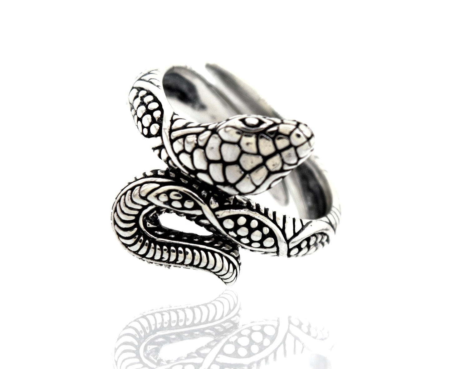 
                  
                    A handcrafted Super Silver Online Only Exclusive Designer Snake Ring with an adjustable size band, showcased on a white background.
                  
                