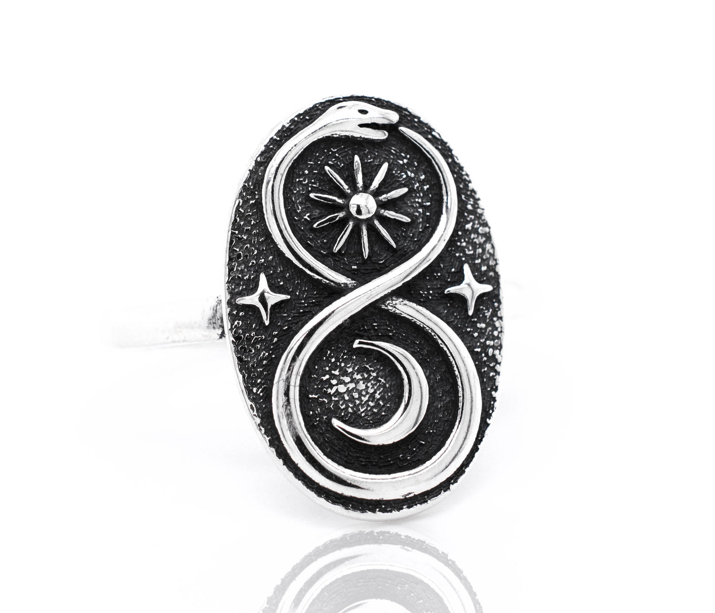 A Celestial Ouroboros Snake Ring by Super Silver, with an infinity symbol, representing symbolism.