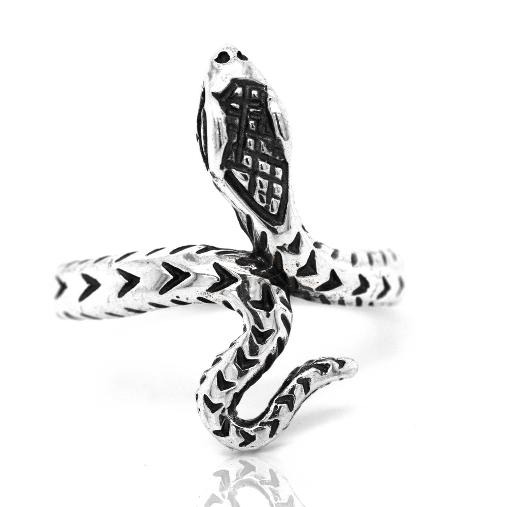 A Captivating Snake Ring by Super Silver, featuring a diamond pattern, showcased beautifully against a white background.