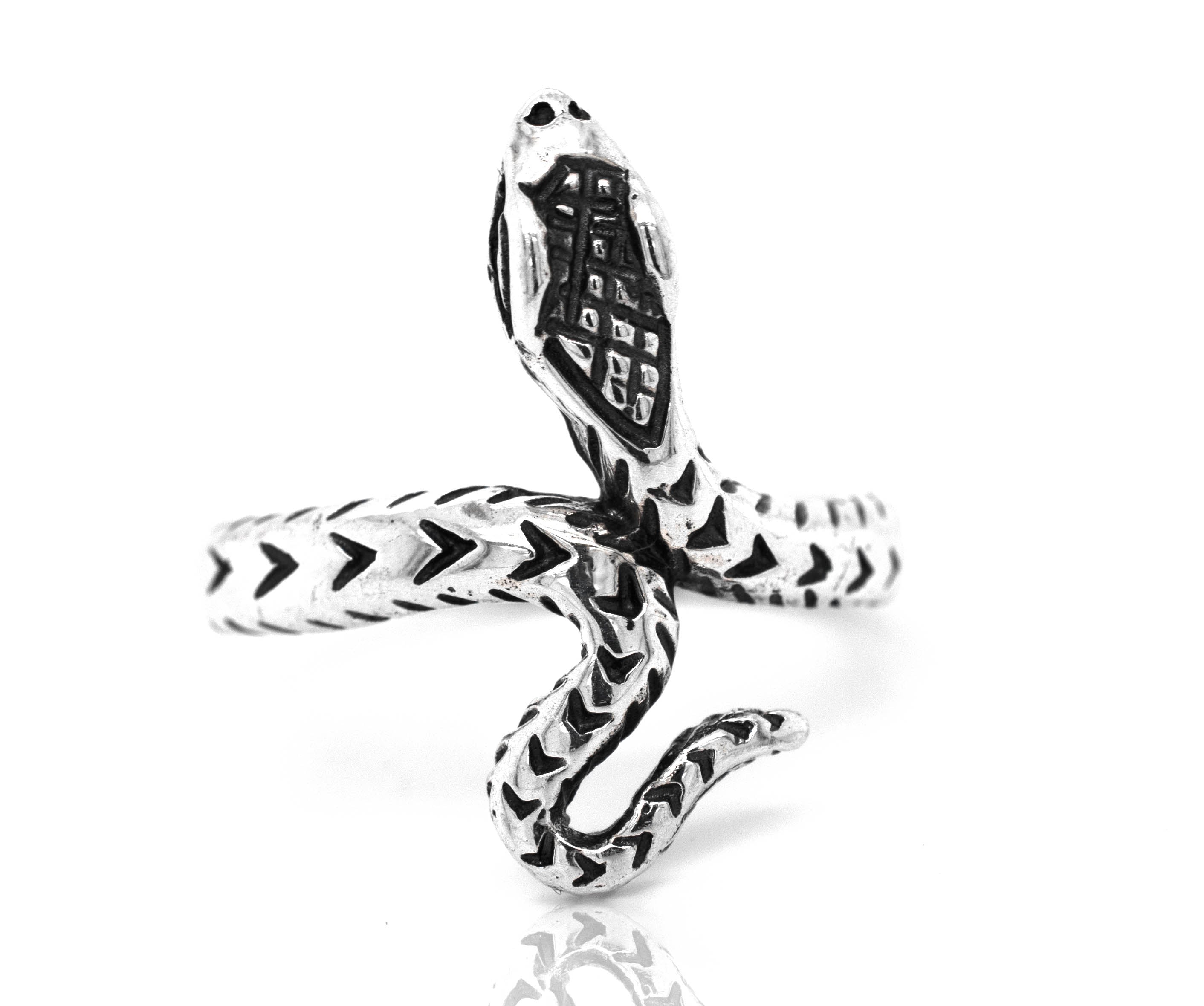 A Captivating Snake Ring by Super Silver, featuring a diamond pattern, showcased beautifully against a white background.