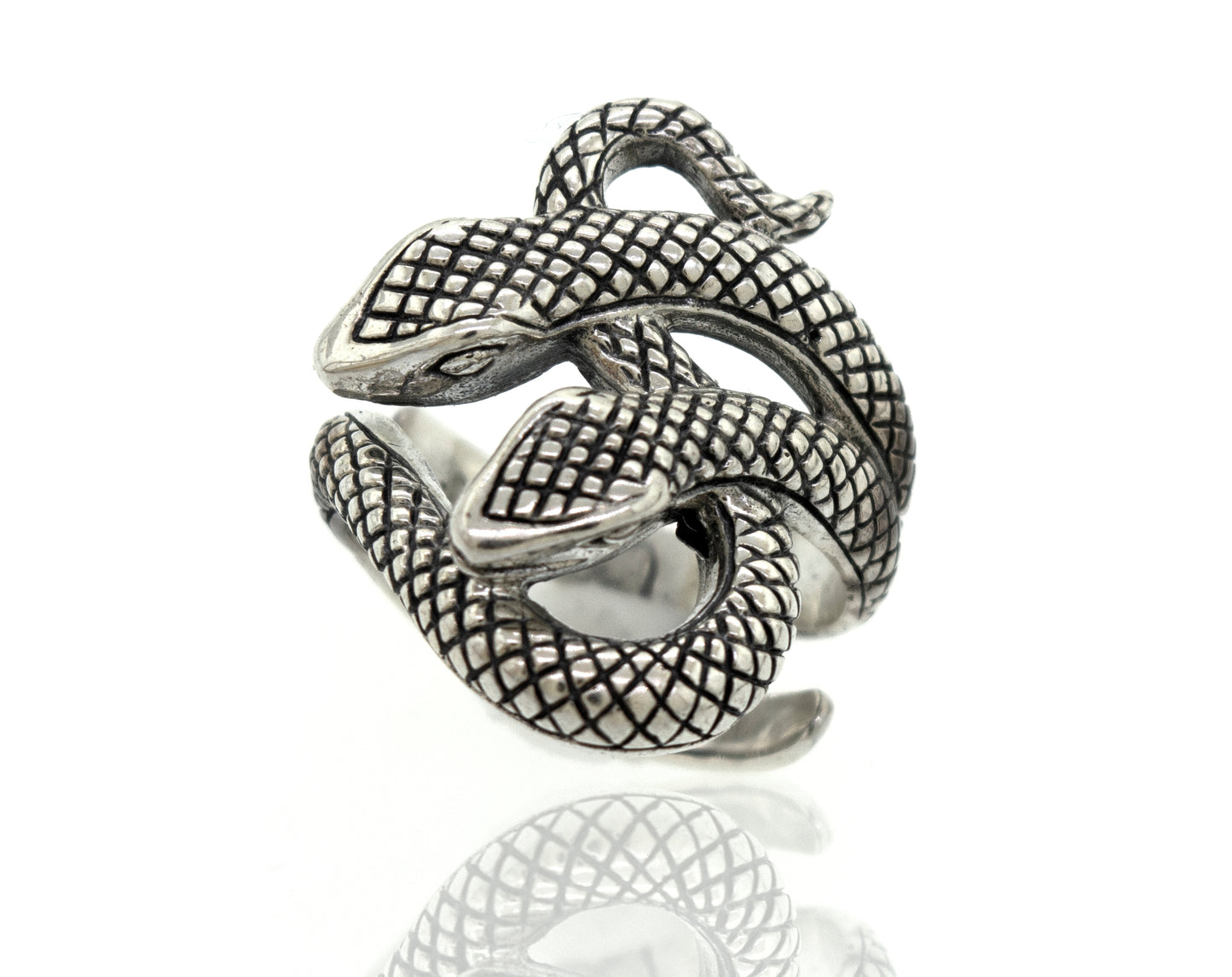 
                  
                    A handcrafted Super Silver Double Headed Snake Ring with two snakes.
                  
                