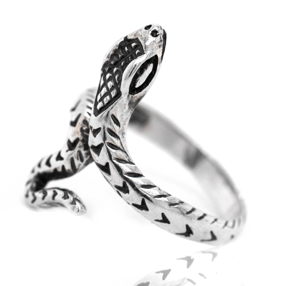 A Captivating Snake Ring with a diamond pattern on a white background from Super Silver.
