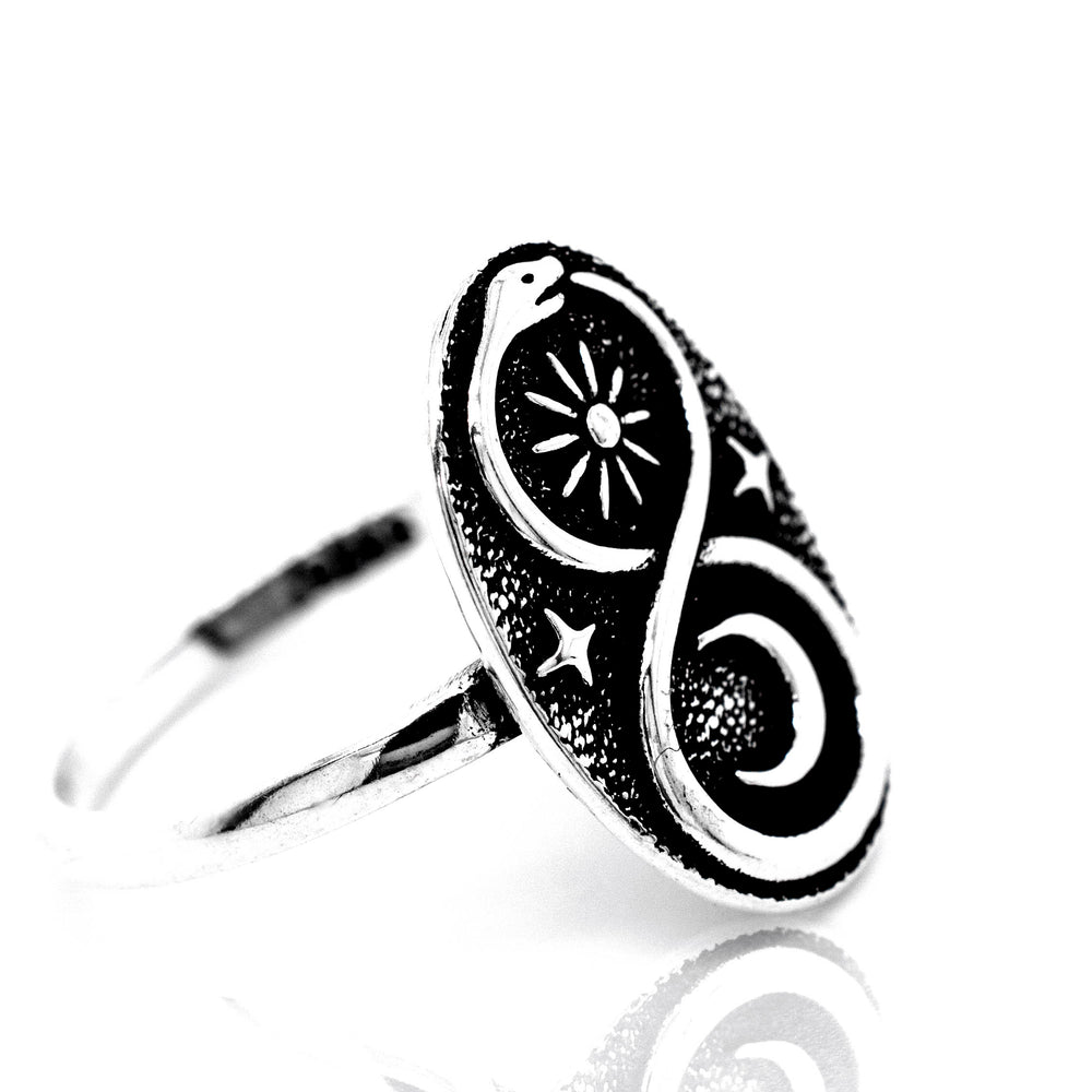 
                  
                    A Super Silver Celestial Ouroboros Snake Ring, symbolizing eternal cycles and infinite possibilities.
                  
                