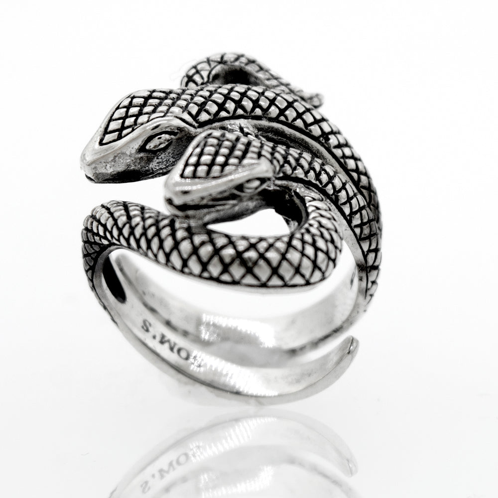 A Double Headed Snake Ring, handcrafted with two snakes, made by Super Silver.