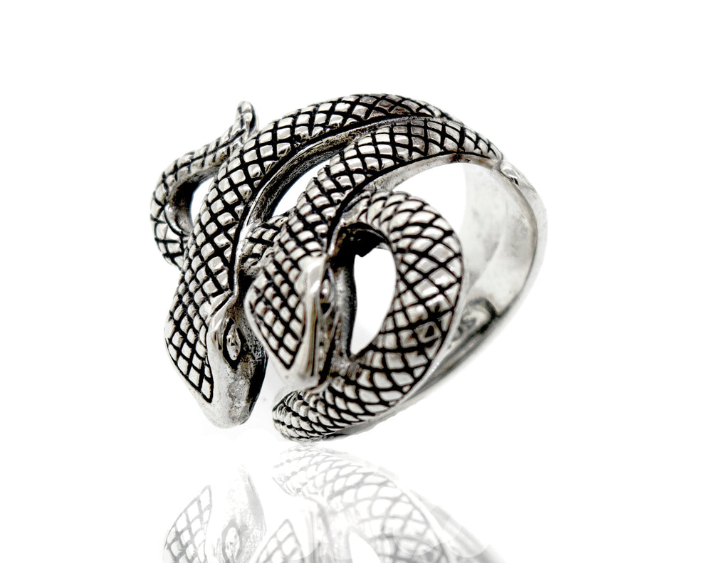 A handcrafted Super Silver Double Headed Snake Ring on a white background.