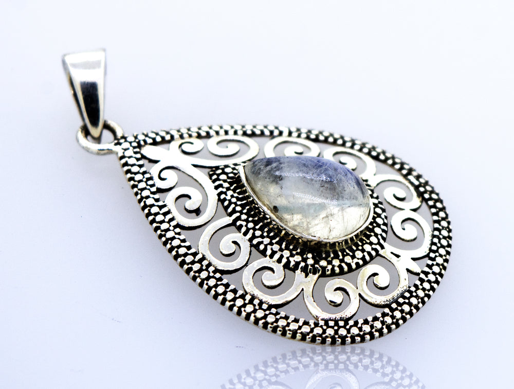 
                  
                    A Super Silver Moonstone Teardrop Pendant with a teardrop-shaped labradorite stone.
                  
                