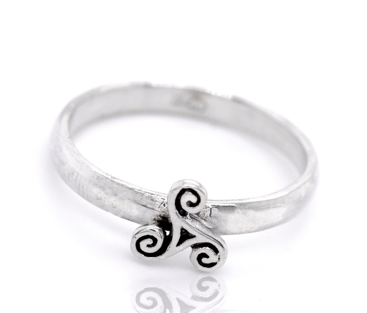 An intricately designed Dainty Triskelion Ring made of sterling silver.