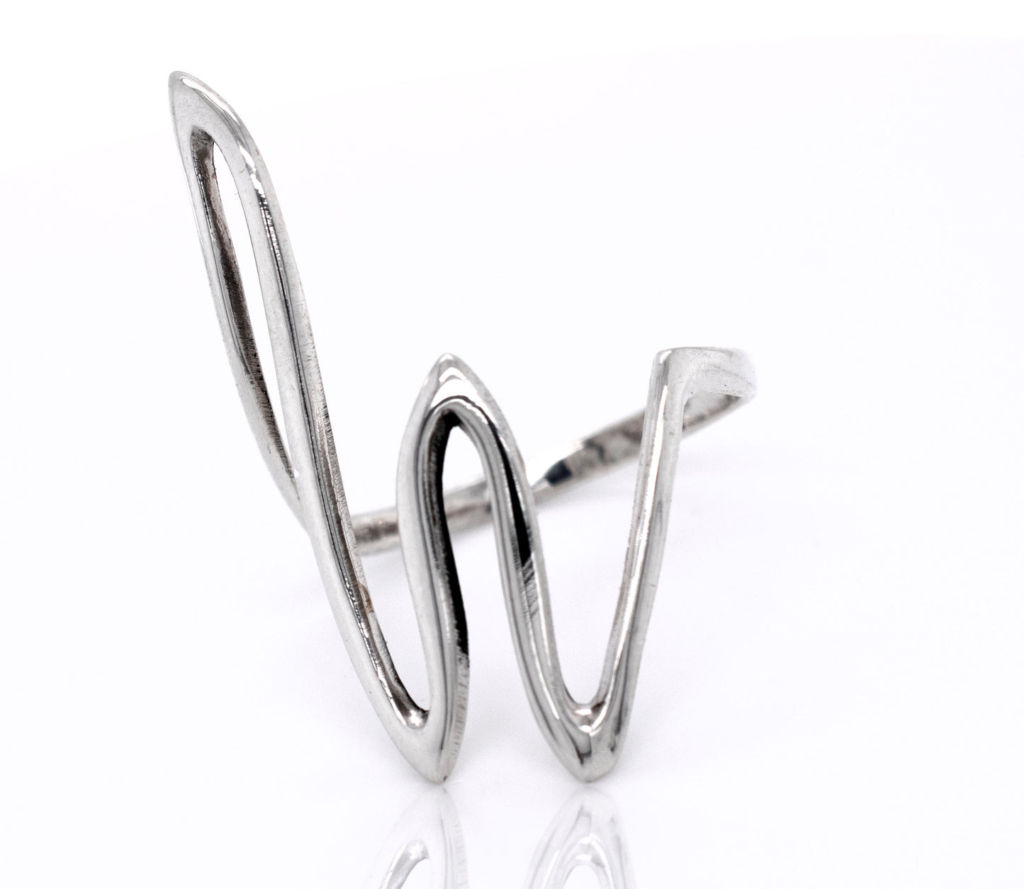 
                  
                    A simple Large Squiggle Pattern Ring with the letter W on it, perfect for stacking on your finger, made by Super Silver.
                  
                