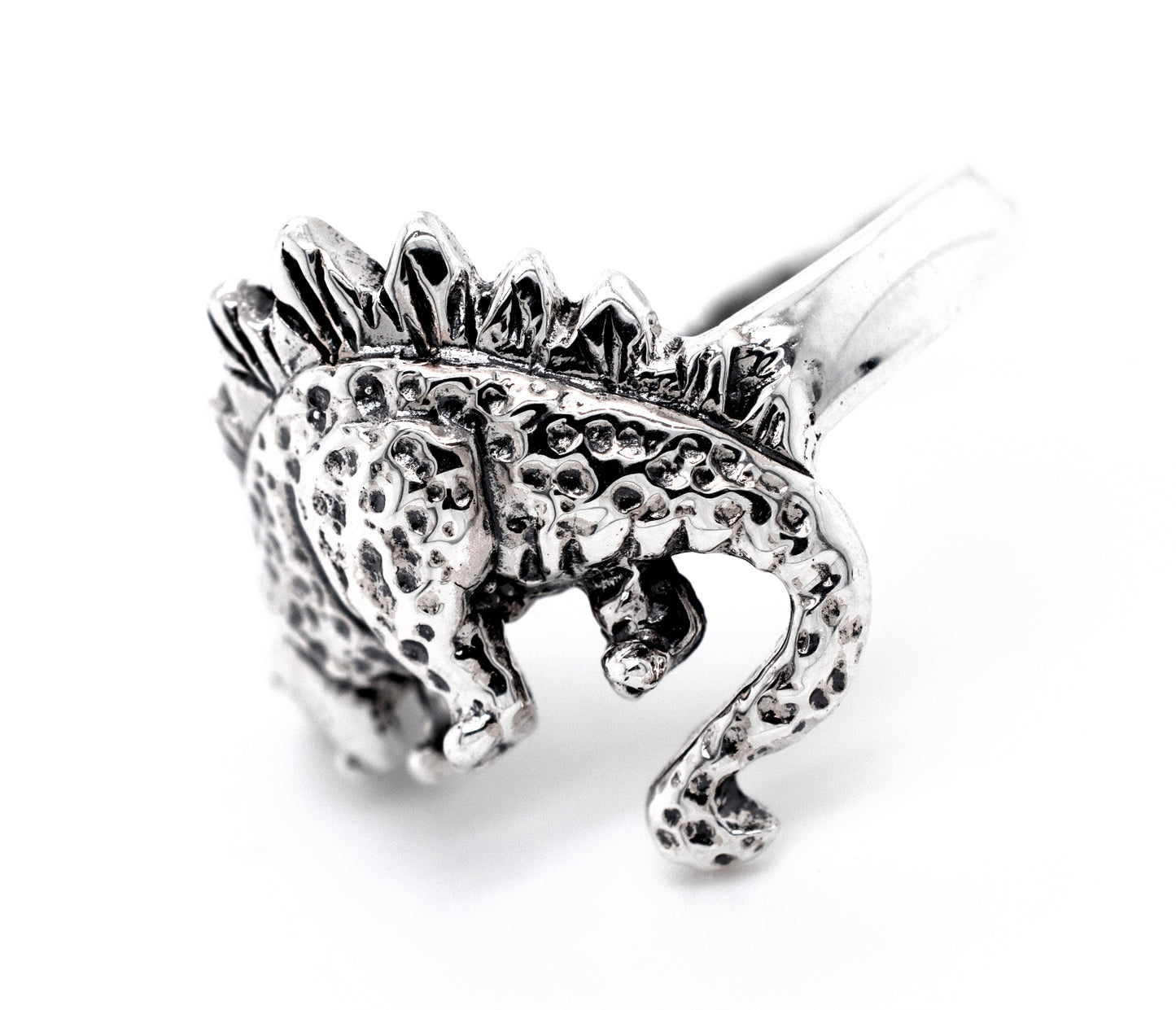 A Super Silver Stegosaurus Ring, perfect for dinosaur lovers.
