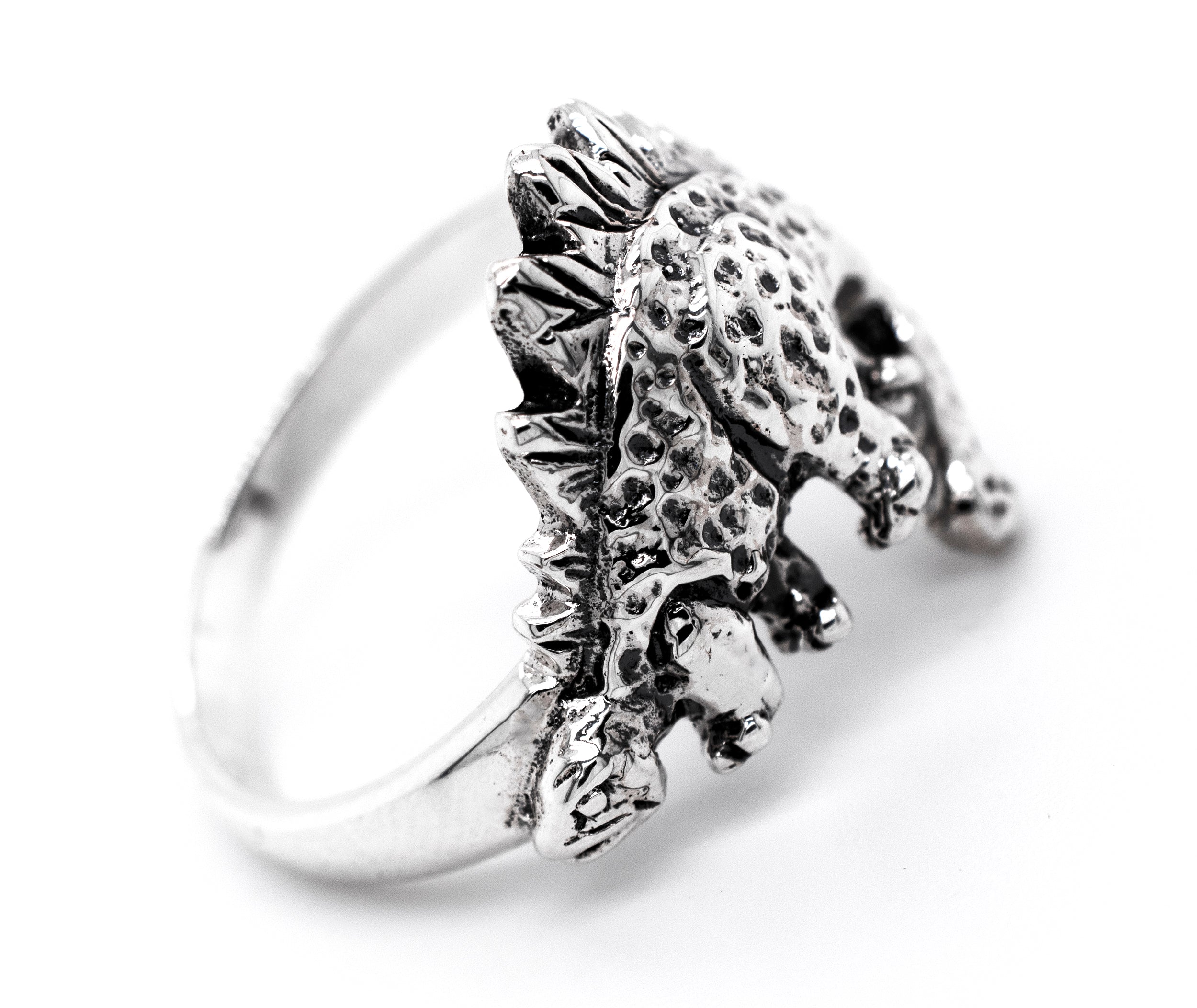 A Super Silver Stegosaurus Ring, perfect for dinosaur lovers.