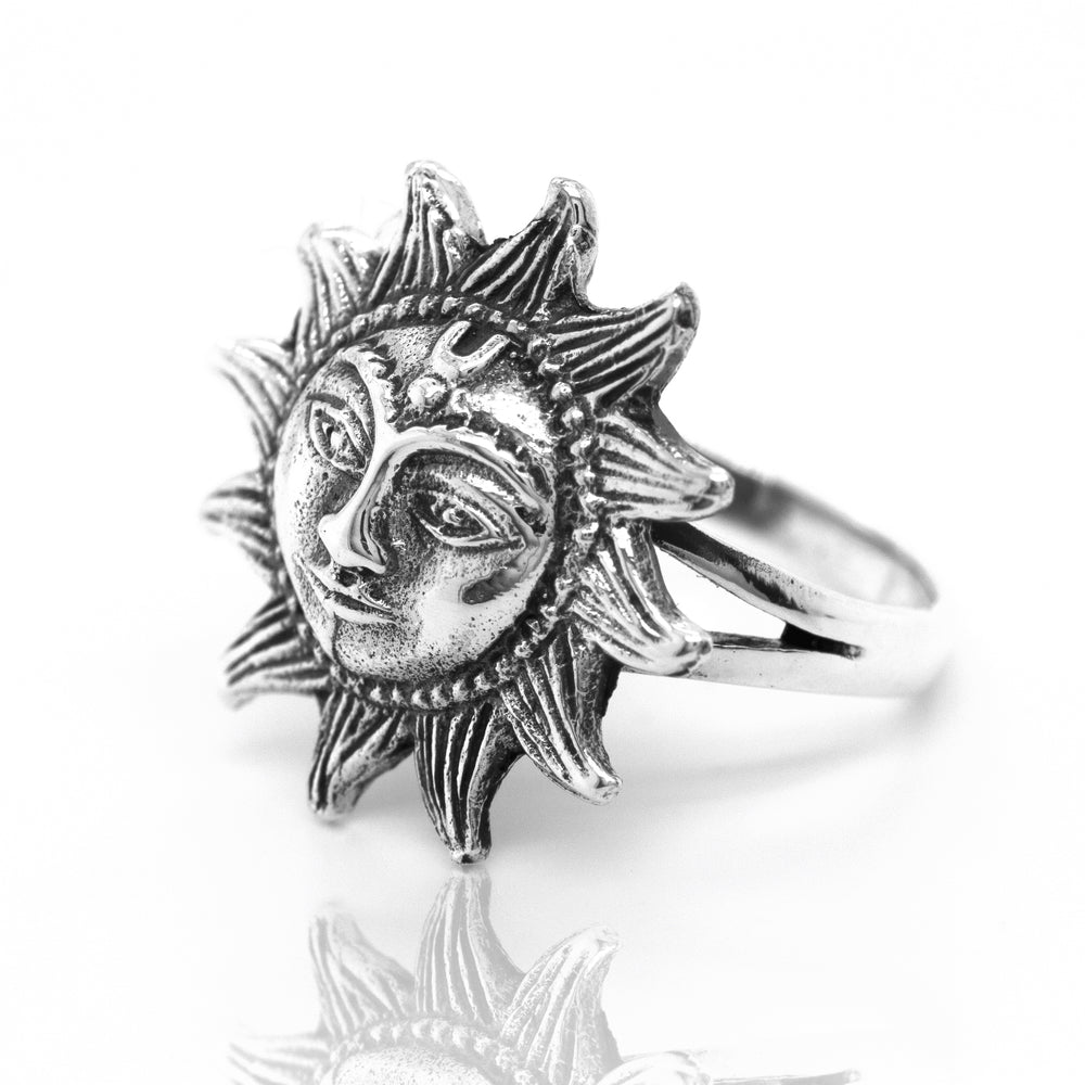 A Super Silver Sun With Face Ring, a sleek silver ring featuring a charming face, perfect for day to day use.