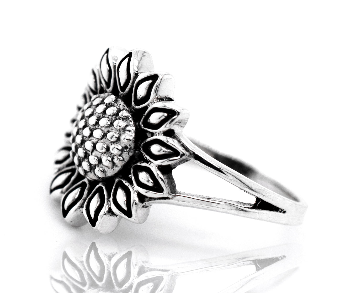 
                  
                    A sterling silver Sunflower Ring on a white background.
                  
                