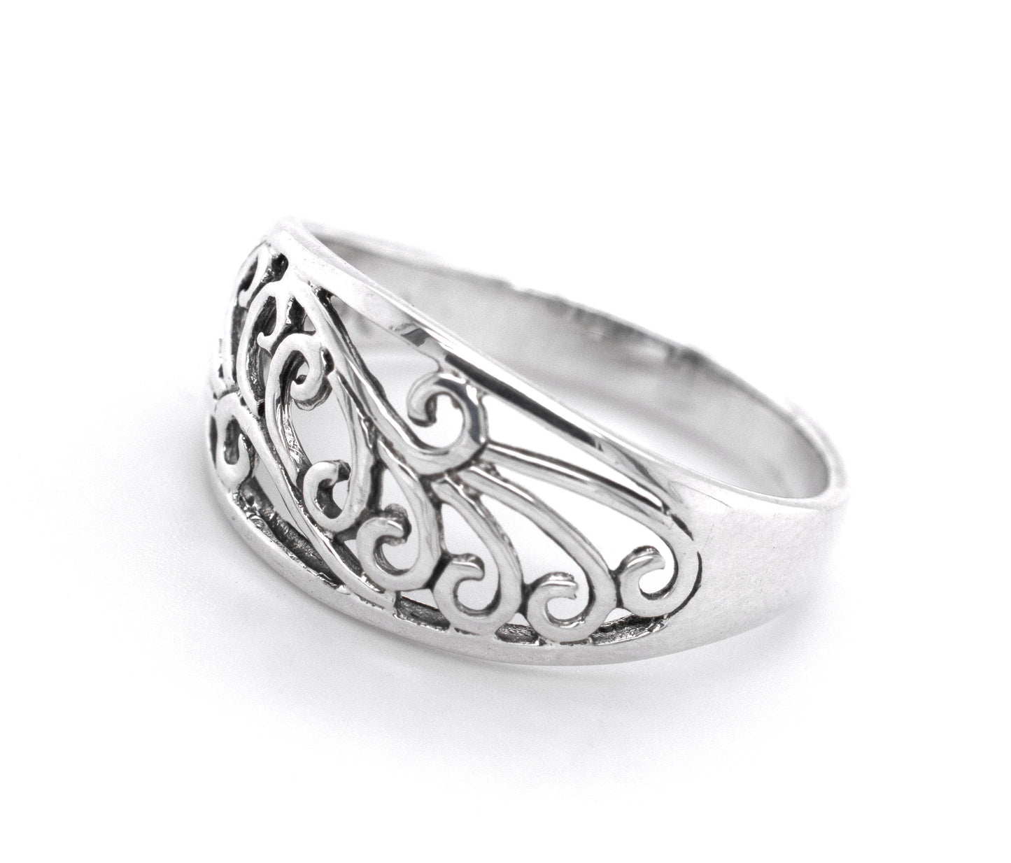 
                  
                    An art nouveau-styled Sweeping Domed Filigree Ring from Super Silver, showcasing artful extravagance.
                  
                