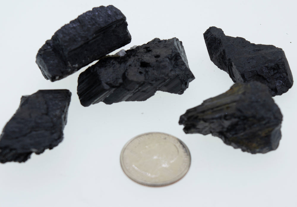 
                  
                    A group of Rough Black Tourmaline Crystals next to a dime.
                  
                