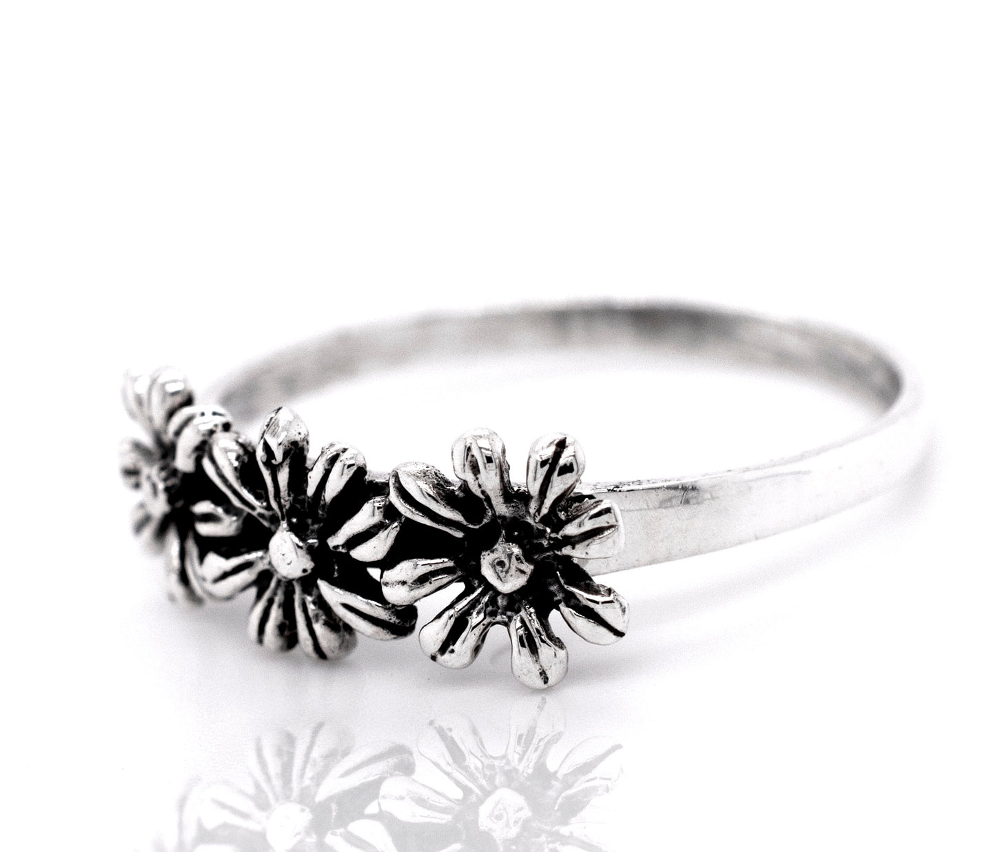 Dainty Three Flowers Design Ring with a floral design.