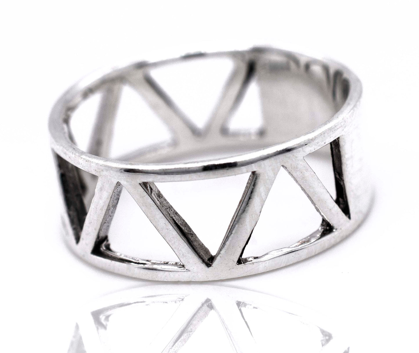 A Super Silver Wide Band With Cutout Triangle Design, perfect for everyday wear.