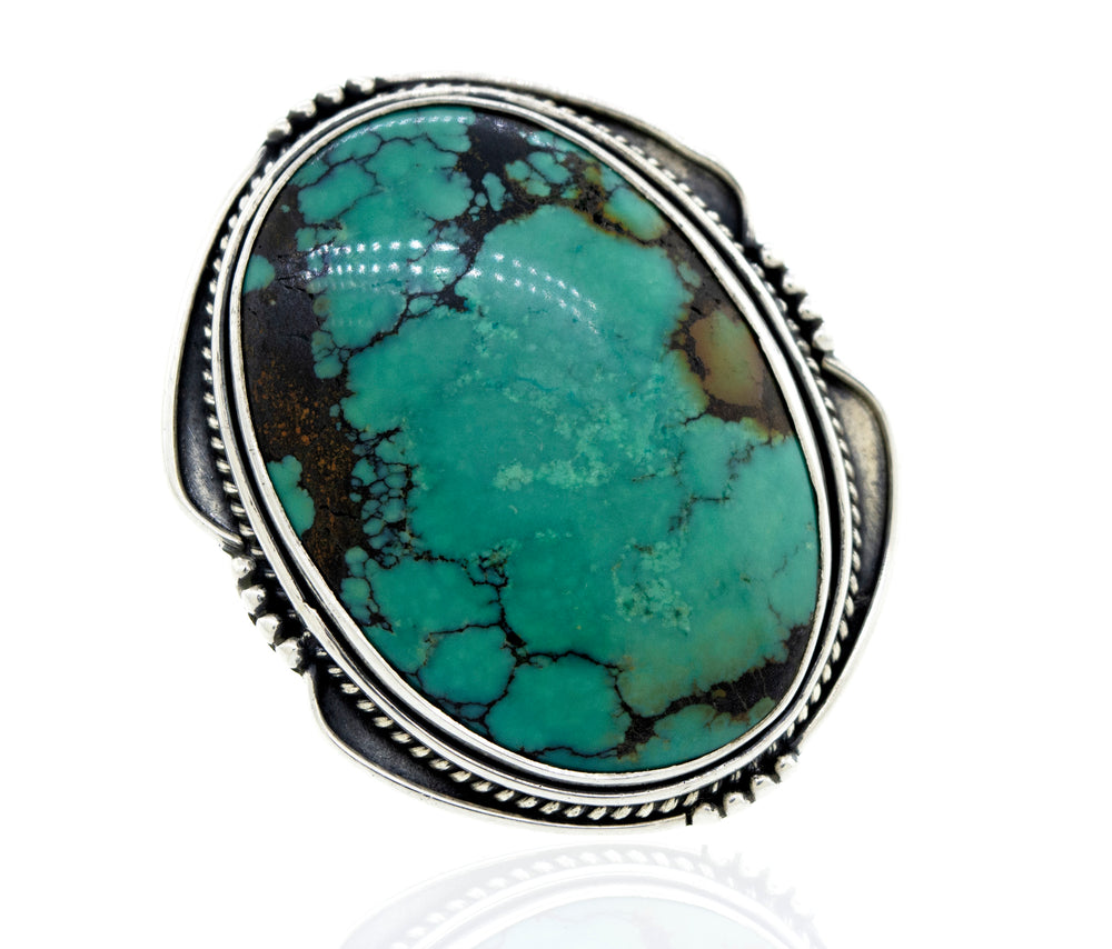 Oval Natural Turquoise Ring With Rope And Ball Border