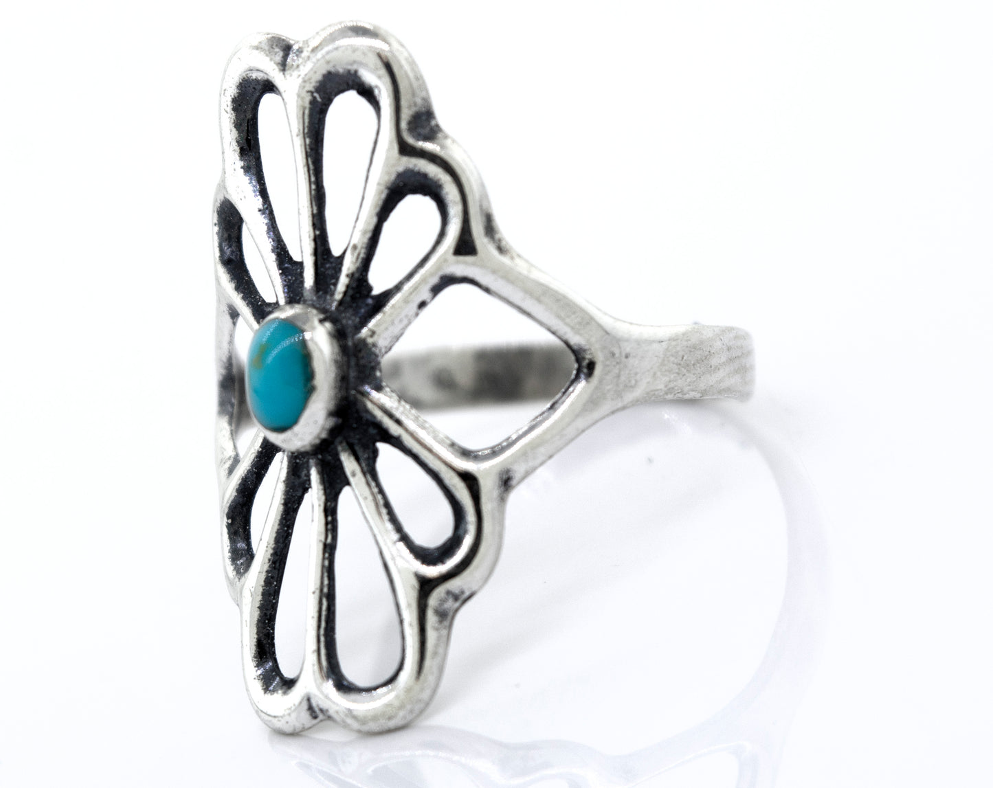 
                  
                    A handcrafted Super Silver American Made Flower Ring with a turquoise stone.
                  
                