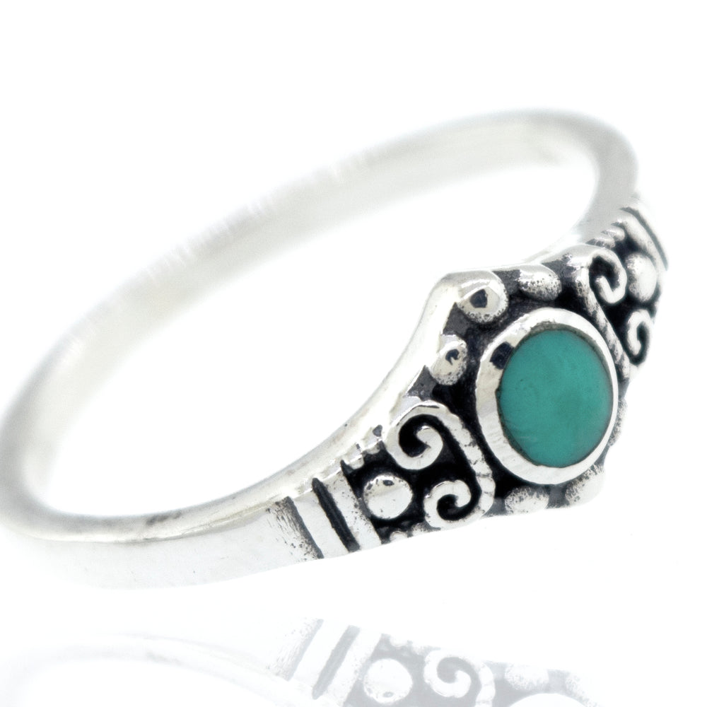 
                  
                    A chic Dainty Inlaid Stone Ring With Silver Beads and Swirls from Super Silver, with an emerald stone and vintage charm.
                  
                