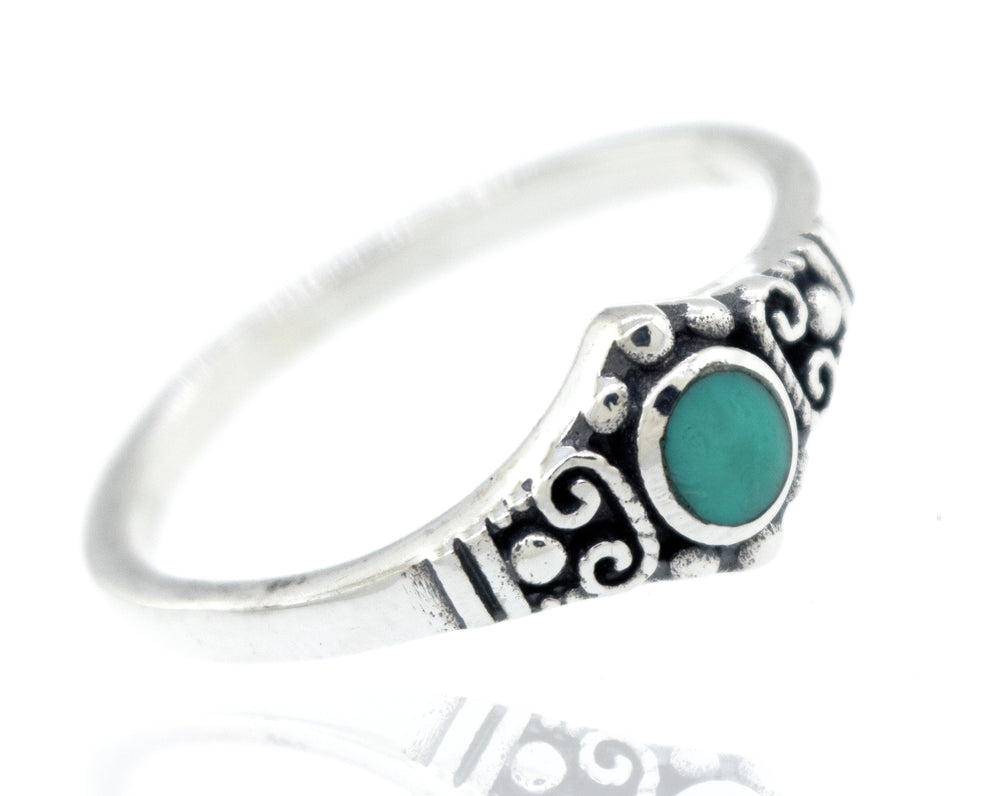 A chic Dainty Inlaid Stone Ring With Silver Beads and Swirls from Super Silver, with an emerald stone and vintage charm.