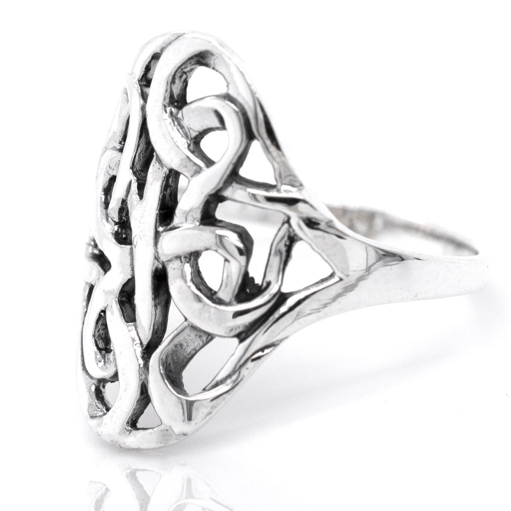 An Open Knot Shield Ring with an intricate Celtic design.