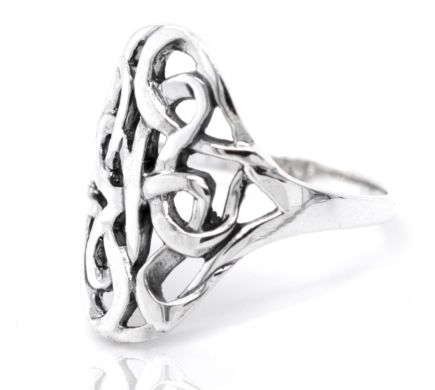 An Open Knot Shield Ring with an intricate Celtic design.